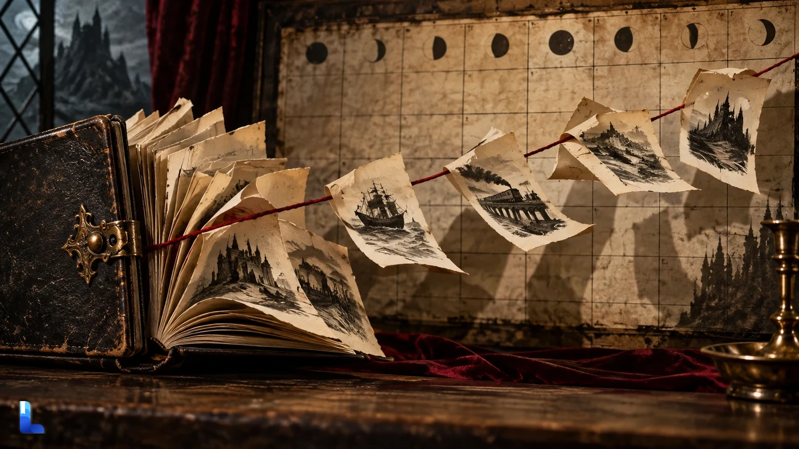 Pages unfold from a Victorian dossier across a calendar along a red thread