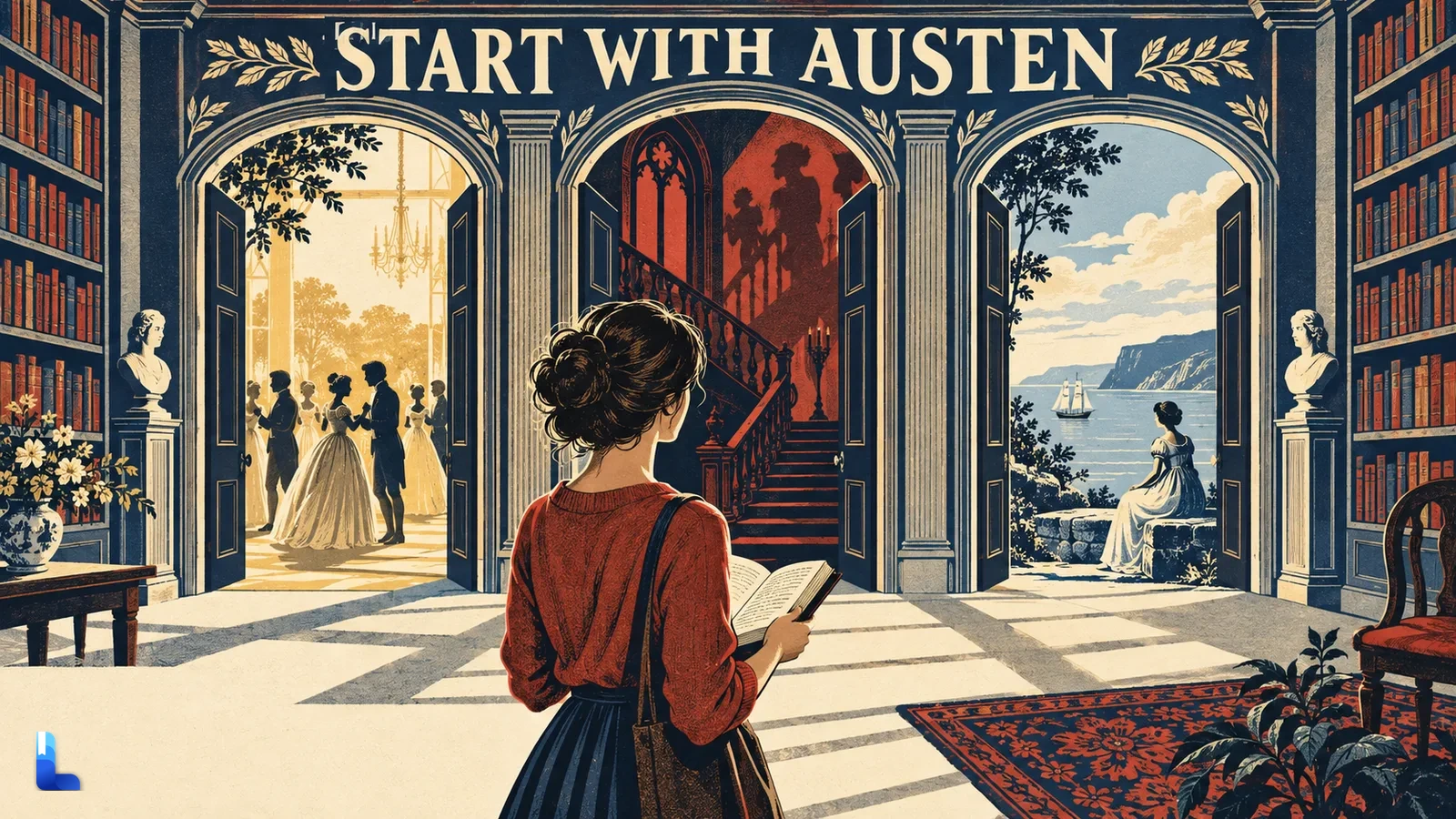 A reader in an imagined library chooses between doors to a dance, a Gothic staircase, and a quiet coast